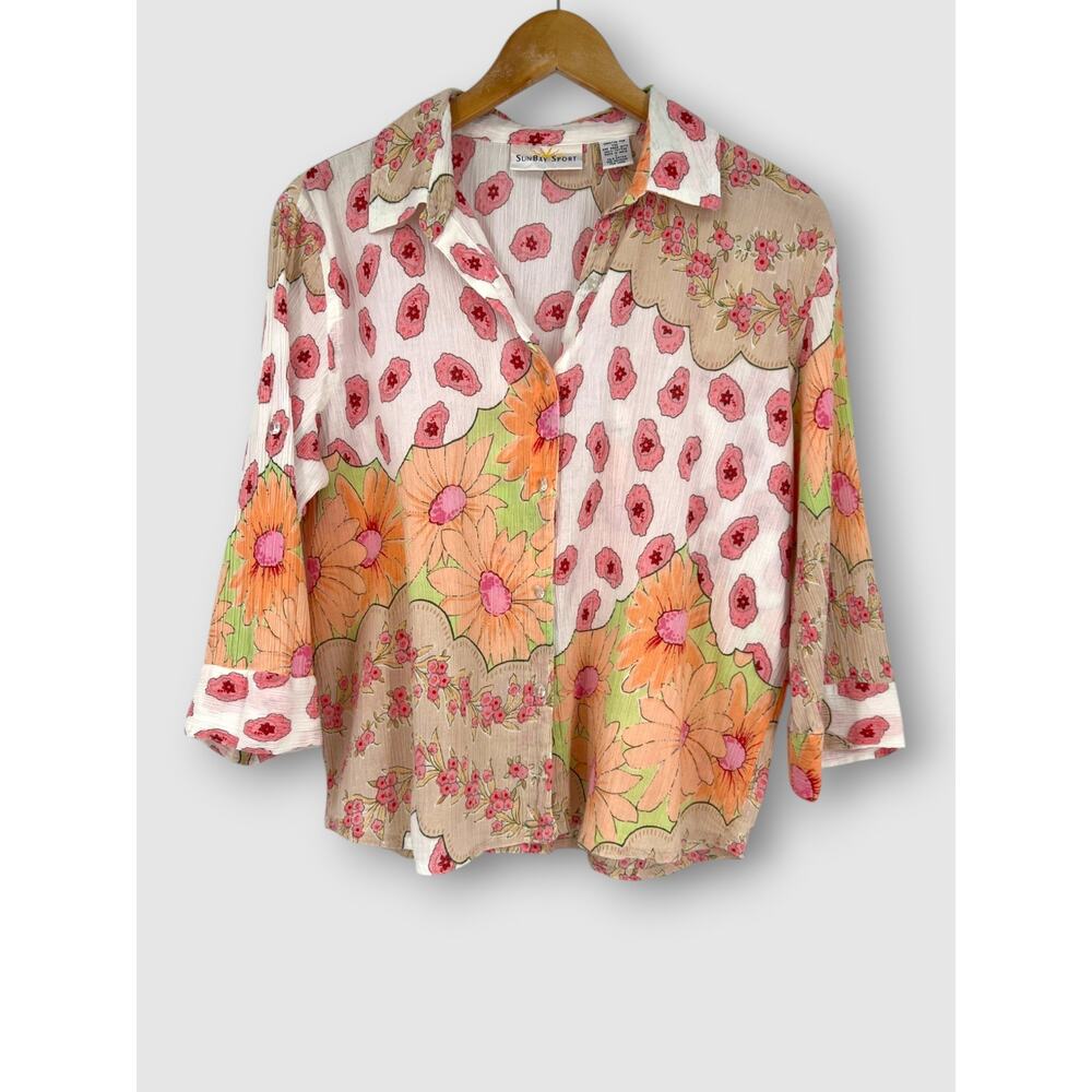 Vintage SunBay Sport Floral Button Down Shirt Mixed Floral Print Cotton Blouse